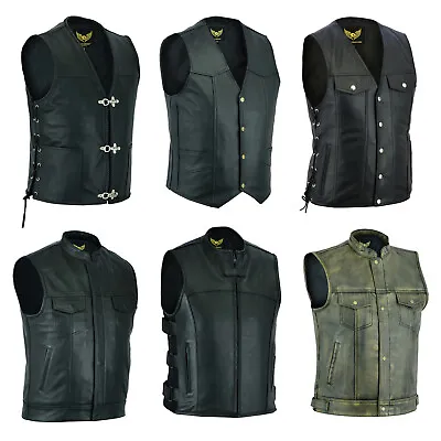 Men's Real Leather Biker Waistcoat Motorbike Motorcycle Club Style Black Vests • £67.99