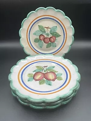 Vintage Italian Majolica Hand Painted 4 Pottery Plates Scallop Rim Fruit Farm 8” • $38