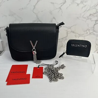 Mario Valentino Divina Shoulder Bag - Black With Silver Chain With Divina Purse • £59.99
