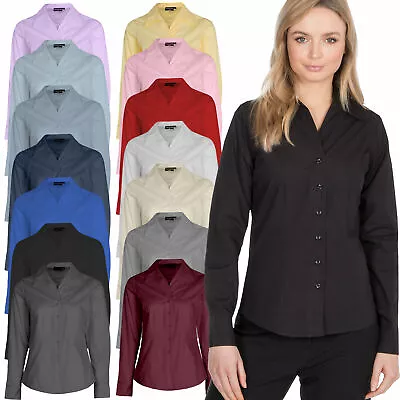 Ladies Womens Plain Long Sleeve Sleeve Work Shirt Collar Office Blouse 6-30 • £8.99