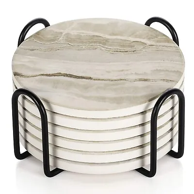 Coasters For Drinks White Marble-Style Absorbent Coasters With Holder • $11.89