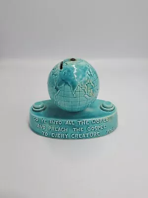 Rare Vtg Turquoise Globe Ceramic Bank Religious Charity Mint Jesus Money World  • $174.95