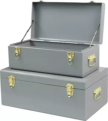 Metal Trunk Decorative Storage Box Set Of 2 College Dorm Chest With Handle (Gray • $188.99