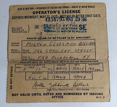 Vintage 1936 New York State Operators Drivers License  Queens NYC DMV • $14.99