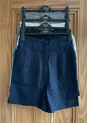 Ex M&S Brand New Navy Blue Black White Denim Linen Elasticated Shorts Size 8-14 • £10.99