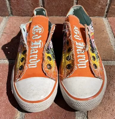 ED HARDY Distressed Slip On Low Top Y2K Tattoo Skull Graphic Tan Women's Size 9 • $35