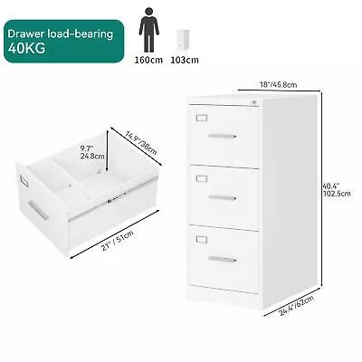 3 Drawer Lockable Filing Cabinet Metal File Storage Organizer W/Key Home Office • £135.99