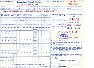 RARE - Grand Rapids MI Kennedy Voting Machine Instruction Ballot Nov 1960 - B4 • $176.50