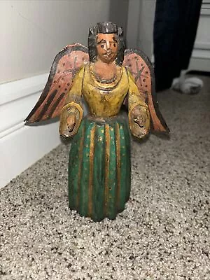 Antique Old Mexican Hand Carved Polychromatic Wood Statue Winged Angel • $25