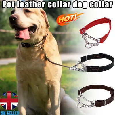 Adjustable Pet Dog Half-Check Choke Leather Chain Dog Training Martingale Collar • £13.01