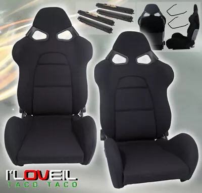 Fully Reclinable Black Cloth Bucket Seats Pair Track Drag Time Attack W/ Sliders • $344.99