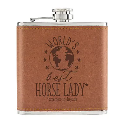 World's Best Horse Lady 6oz PU Leather Hip Flask Tan Funny Joke Favourite Animal • £12.99