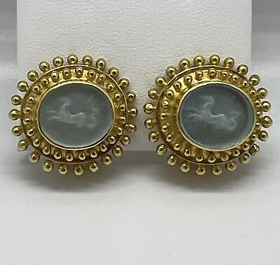 Elizabeth Locke 18K Yellow Gold Blue Venetian Glass Intaglio Horse Stud Earrings • $5000