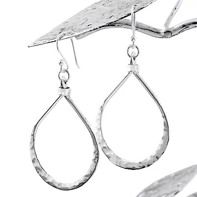 $33.99 • Buy 925 Sterling Silver Polished Hammered Large Teardrop Hanging Earrings