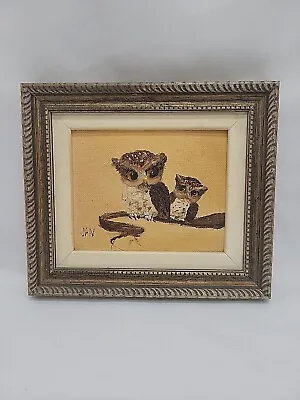Vintage 70s Oil Painting On Canvas Mama And Baby Owl. Framed. Artist Signed • $42