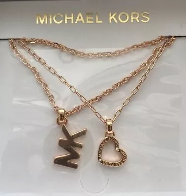 MICHAEL KORS Silver / Rose Gold Tone Multi Layer Heart And MK Logo Necklace NEW • $65