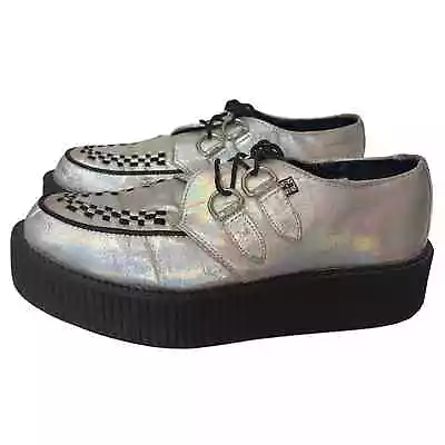 T.U.K Iridescent Crackle Mondo Creeper Shoe Women’s 10 Lace-Up Platform Silver • $80