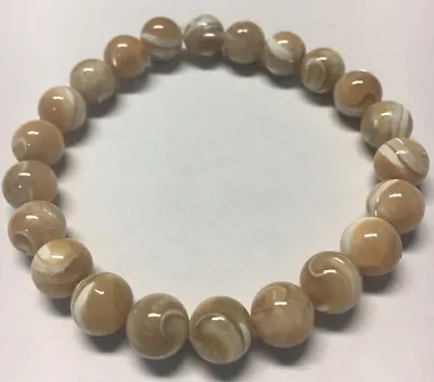 Mens Natural Mother Of Pearl Stretch Bracelet Brown/White 9mm Beads Birthday • $17.99