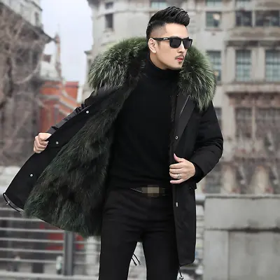 Mens Winter Real Raccoon Fur Lined Collar Hooded Parka Mid Long Coat Overcoat XL • $329.99
