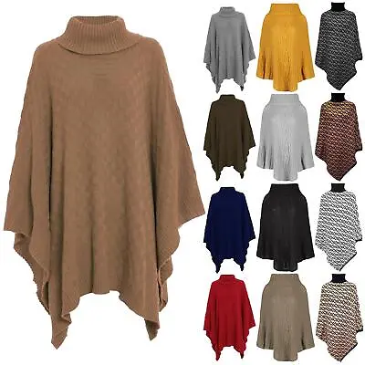 £12.99 • Buy Womens Shawl Ladies Grid Knitted Poncho Polo Neck Wrap Cape Waterfall Blanket