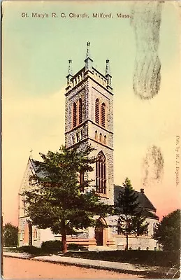 St Marys RC Church Milford Massachusetts MA Antique Postcard PM Cancel WOB Note • $3