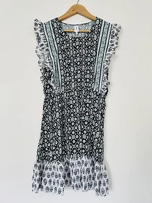 TIGERLILY Geometric Floral Short Sleeveless Dress Size 10 Green Frill • $29.99