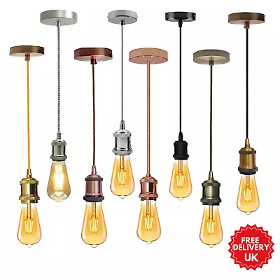 Vintage Industrial Pendant Lamp E27 Bulb Holder Ceiling Rose Light Fitting Kit • £6.29