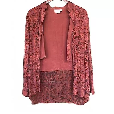 VERA CRISTINA 100% Silk Cardigan Vintage Sheer Overlay Floral Burgundy Top L • $16.99