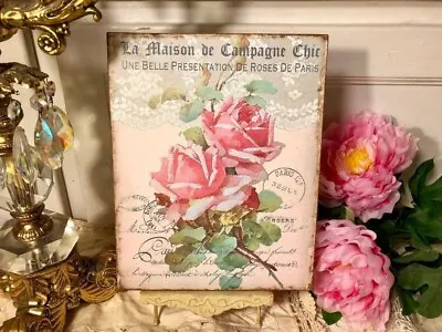 French Vintage Style Klein Pink Roses On Antique Lace Shabby Sign / Plaque • $17.95