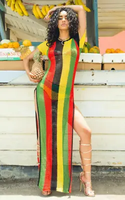 Rasta Rihanna Work Work Side Split Multicolored Ladies String/Mesh Maxi Dress • $25.99