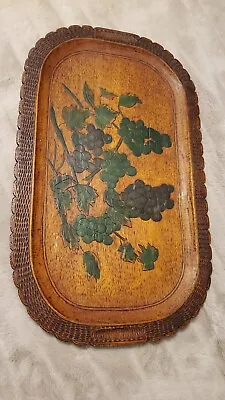 Vintage Wooden Serving Tray/Wall Decor Hand Carved & Painted Grapes & Vines • $12