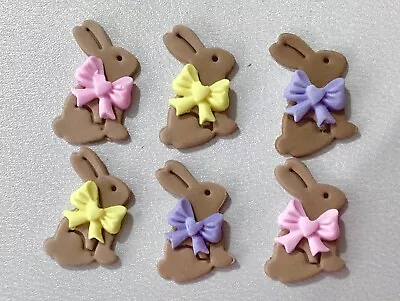6 Edible Sugar Icing Brown Bunnies  Bows Cup Cake Toppers • £3.25