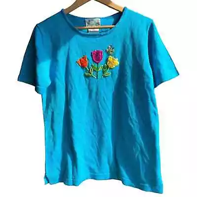 The Quaker Factory Spring Tulips Blue Short Sleeve Knit Top Sweater Size S • $27