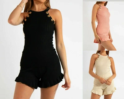 £17.79 • Buy Women's Gold Button Vest Top Frill Shorts Ladies Set Two Piece Co-ord Loungewear