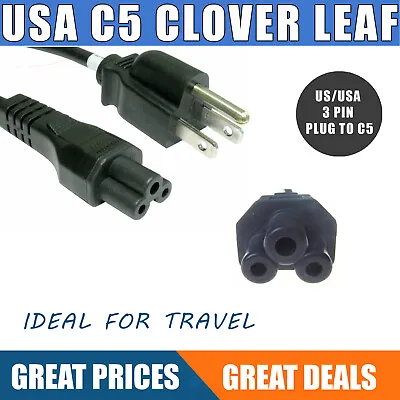 £5.99 • Buy Power Cord - US/USA 3 Pin Plug To C5 Clover Leaf Clover Leaf Lead Cable 1m 