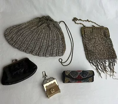 Vintage Mesh Beaded Clasp Drawstring Purse Lipstick Holder W/Mirror 5 Items • $64.99