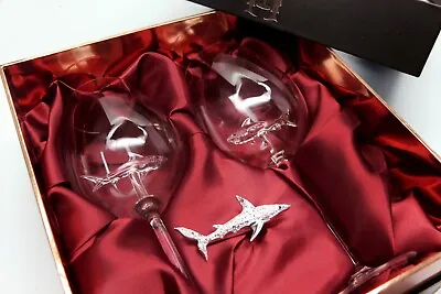 Swarovski Shark Ornament With Two Shark Wine Glasses! Rhodium Montana • $219.99