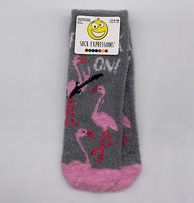 New Sock Expressions Flock On Flamingos Gray Microvelour Low Cut Socks NWT • £4.82