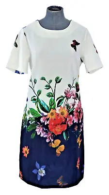 Yumi Pencil Dress Multicolor Floral Round Neck Short Sleeve Elegant Size UK 10 • £8.49