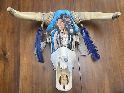 Vintage Native Western Painted Bull Steer Horns Skull Dream Catcher Wall Decor • $70