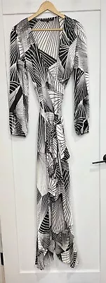 CHARLIE BROWN Wrap Maxi Dress Sz 14 Silky Fabric Long Sleeve Black White • $50