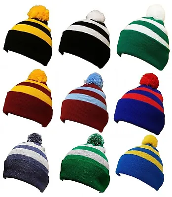 £9.95 • Buy Football Hat Selection Stripe Bobble Pompom Warm Winter Rugby Christmas Birthday
