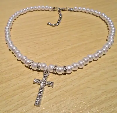 White Pearl Imitation Choker Rhinestone Cross Religious Necklace Silver Color UK • £4.19