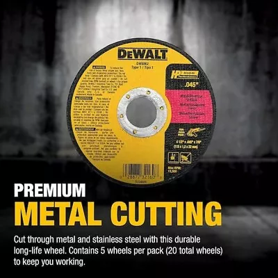 DEWALT Cutting Wheel Disc Metal Coated Cut 4-1/2 Inch Cut Off 5 Pack (DW8062B5) • $19.99