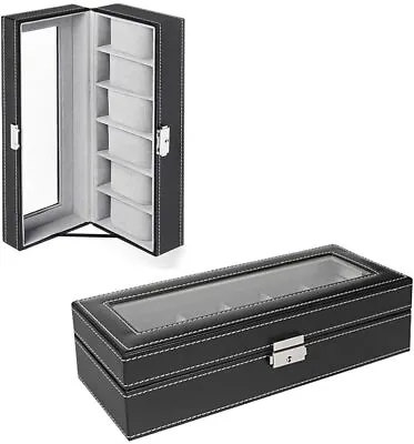 6 Slot Leather Watch Box Display Case Organizer Glass Jewelry Storage Black Men • $20.99