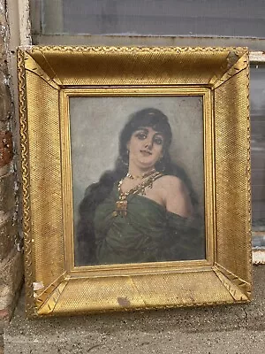 Vintage 1900s Romani Gypsy Woman Original Oil Painting & Gesso Frame • $179.99