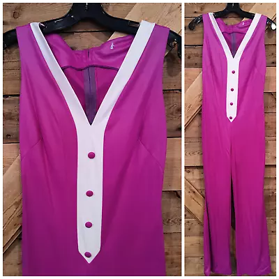 Vintage 1970s Disco Jumpsuit Magenta Purple Slinky Nylon V-Neck XS/S • $39.99