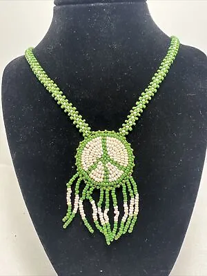 Vintage Hippy BoHo Beaded Peace Sign Necklace Free Shipping • $16.98