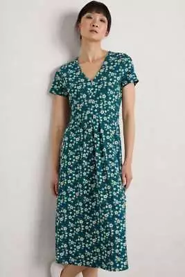 Seasalt Women's Dress - Teal Flower Bud Short Sleeve V-Neck Midi Dress - Regular • £32.95