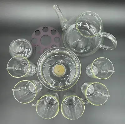 Jena ER Glas MCM German Teapot Tealight Warmer W/ 6 Clear Teacups Mugs & Infuser • $74.99